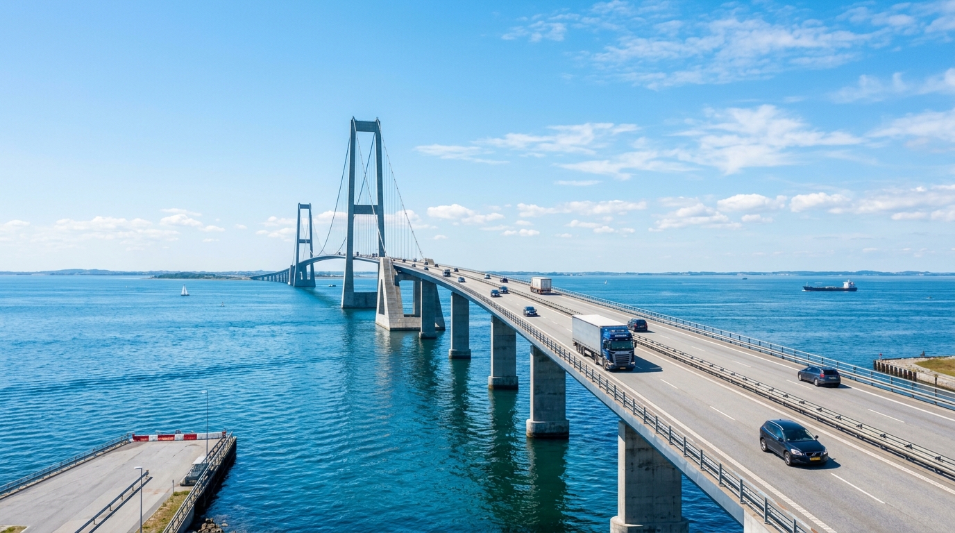 Scenic Storebælt highway bridge crossing in Denmark